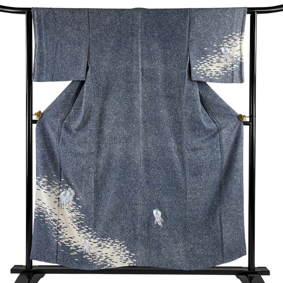付下げ 身丈156cm 裄丈62cm S 袷 鳥 霞 金彩 青灰色 正絹 秀品｜中古