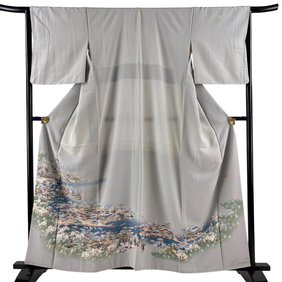 色留袖 身丈160cm 裄丈65.5cm M 袷 風景 山鉾 金糸 刺繍 水色 正絹 秀