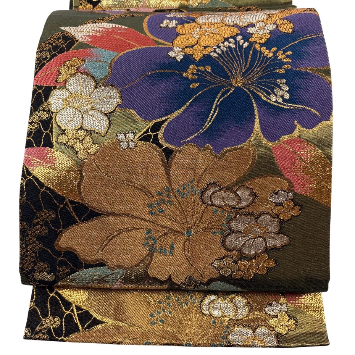 【未使用品】袋帯　金箔地　美しい花　青金　超柔らかめ 美品】 袋帯 秀品 草花 金糸 箔 緑 六通 正絹｜中古・古着・リサイクル