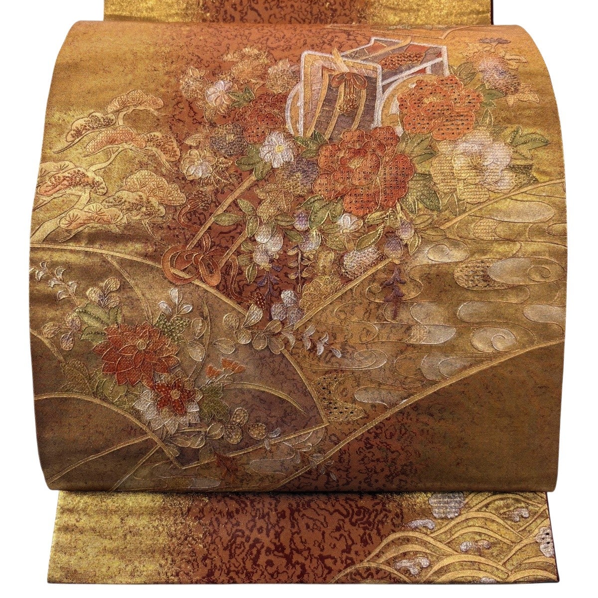 袋帯 秀品 本漆箔 御所車 草花 刺繍 金彩 金茶 お太鼓柄 正絹｜中古