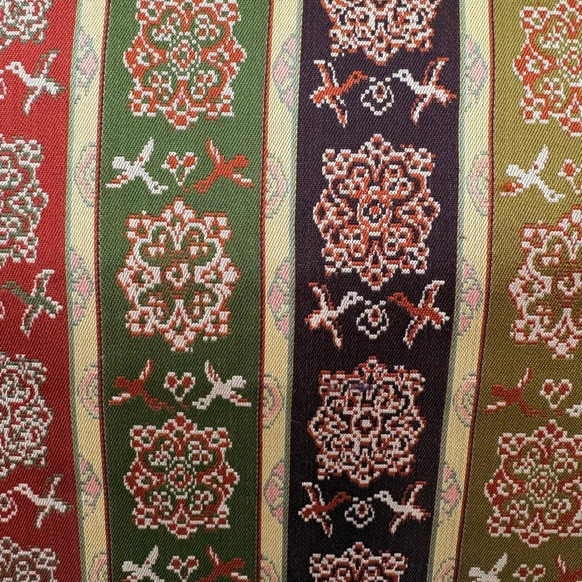 美品】 開き名古屋帯 秀品 縞 花鳥 金糸 緑 正絹｜中古・古着