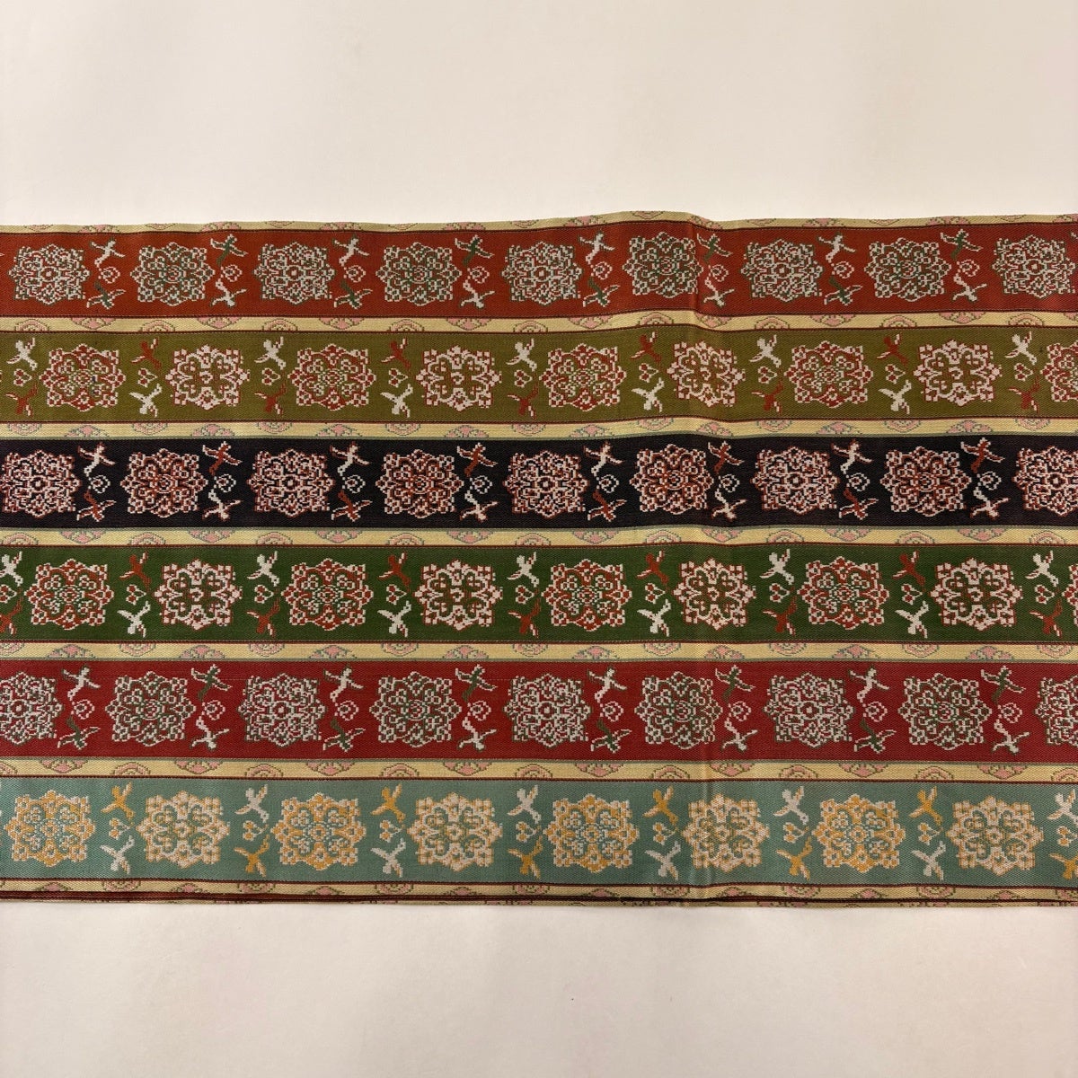 美品】 開き名古屋帯 秀品 縞 花鳥 金糸 緑 正絹｜中古・古着