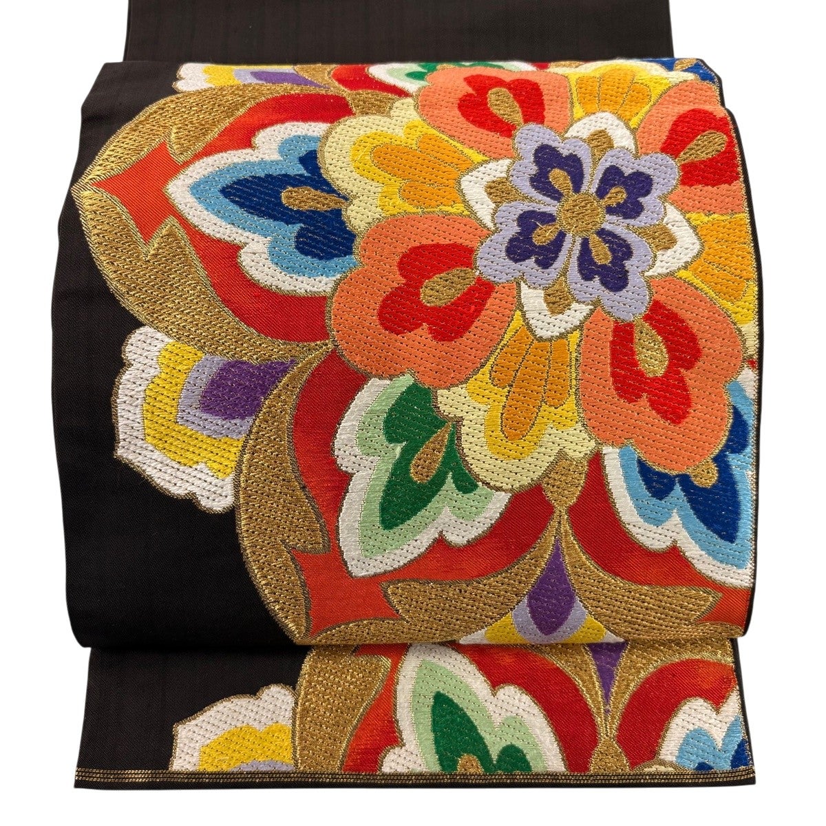 【超美品】袋帯　細かな綴れ織　宝相華　キラキラ　お太鼓柄 袋帯 秀品 関西仕立て 華文 唐織 金糸 黒 お太鼓柄 正絹｜中古・古着