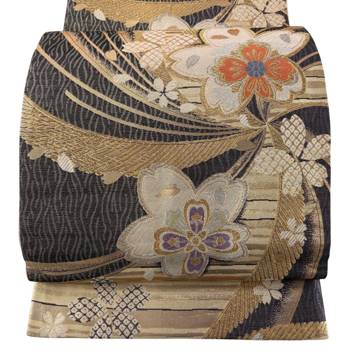 H-708 袋帯 正絹 六通 銀糸 華模様 流れ模様 袋帯 秀品 桜 華文 金銀糸 箔 黒 六通 正絹｜中古・古着・リサイクル