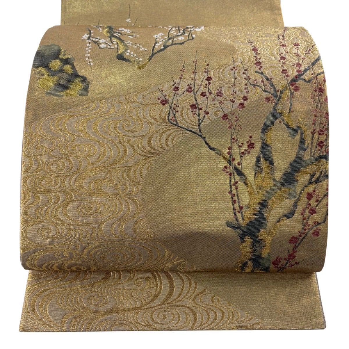 美品】 袋帯 秀品 松尾光琳 落款あり 枝梅 観世水 金糸 箔 金色 お太鼓