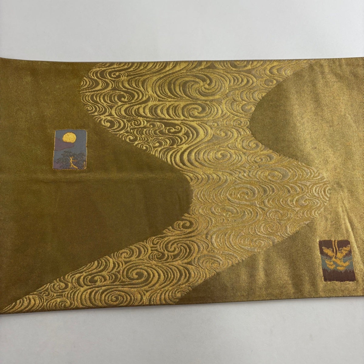 美品】 袋帯 秀品 松尾光琳 落款あり 枝梅 観世水 金糸 箔 金色 お太鼓