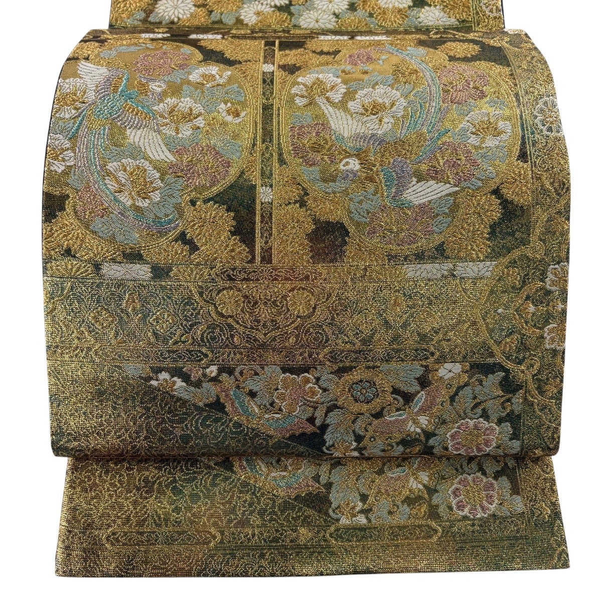 美品】 袋帯 秀品 鈴乃屋 横段鳳凰文 麗鳳錦 金糸 箔 金色 六通 正絹