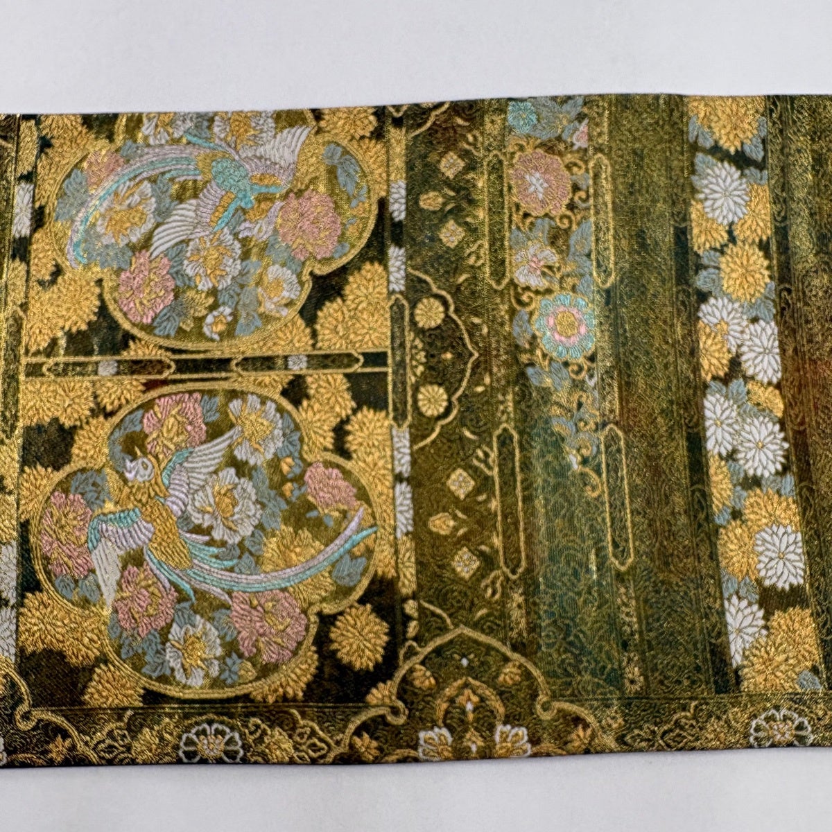 美品】 袋帯 秀品 鈴乃屋 横段鳳凰文 麗鳳錦 金糸 箔 金色 六通 正絹