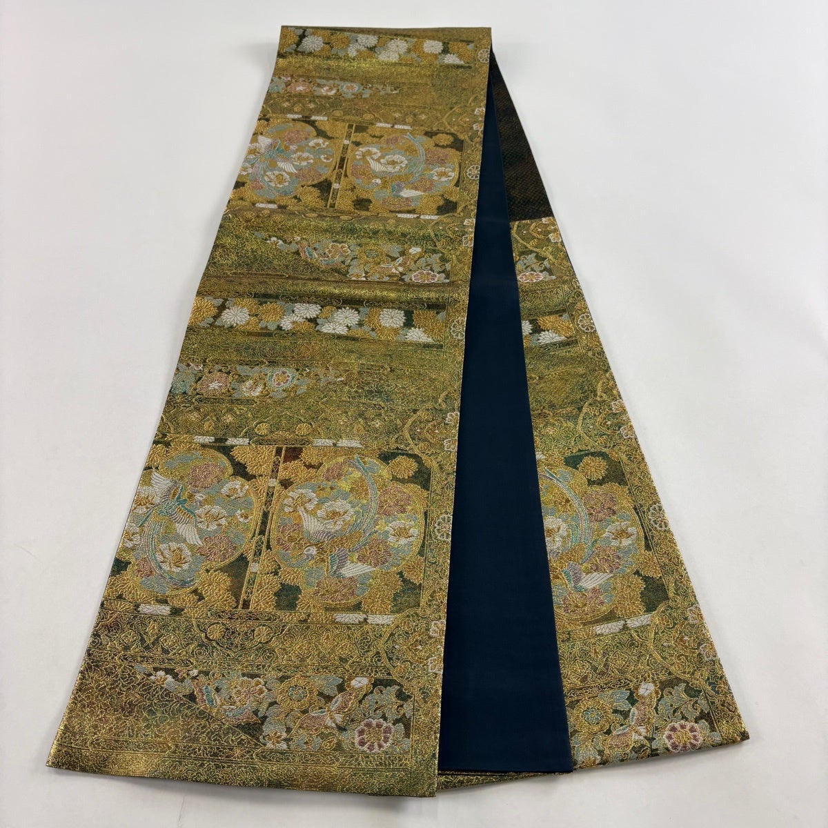 美品】 袋帯 秀品 鈴乃屋 横段鳳凰文 麗鳳錦 金糸 箔 金色 六通 正絹