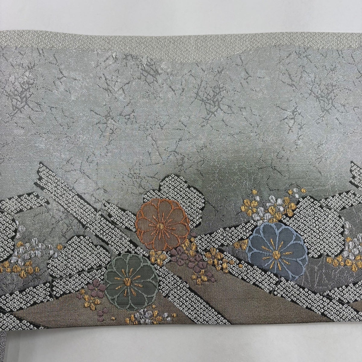 美品】 袋帯 秀品 花 竹 金銀糸 銀色 六通 正絹｜中古・古着