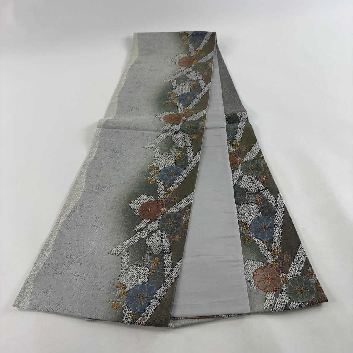 美品】 袋帯 秀品 花 竹 金銀糸 銀色 六通 正絹｜中古・古着
