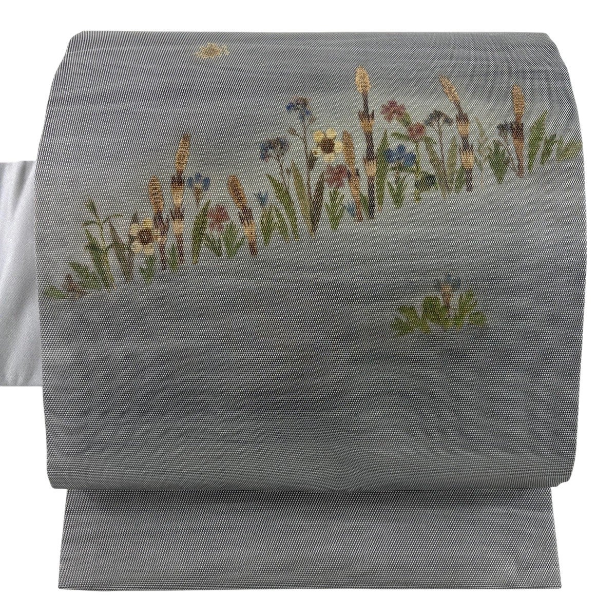 美品】 名古屋帯 秀品 つくし 草花 押し花 灰色 正絹｜中古・古着