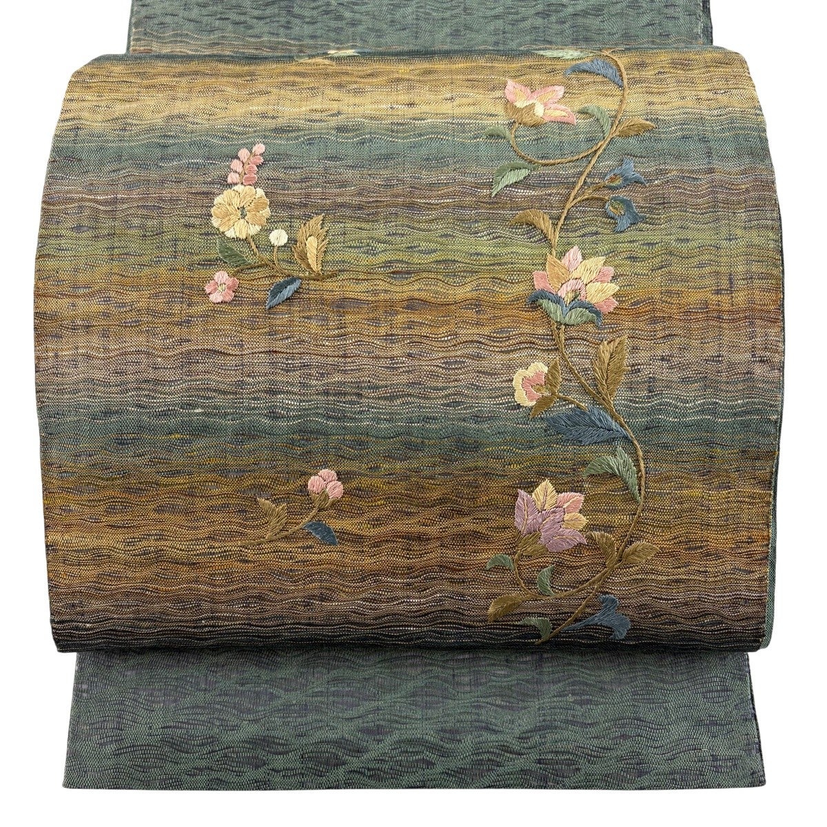 美品】 袋帯 秀品 草花 箔 刺繍 緑 お太鼓柄 正絹｜中古・古着