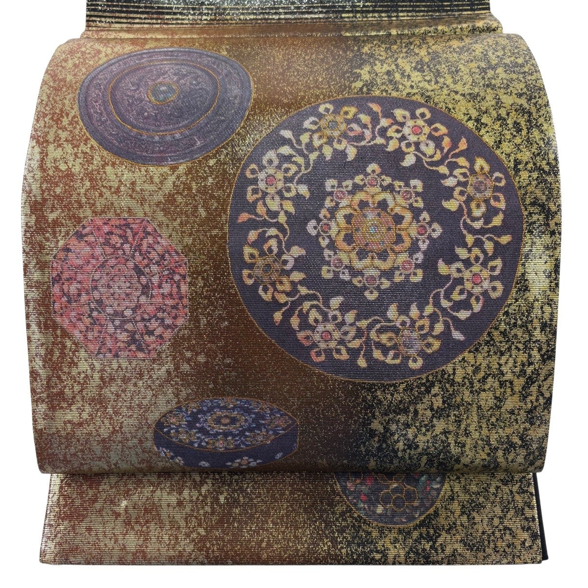 美品】 袋帯 秀品 鏡裏文 螺鈿箔 箔 金茶 お太鼓柄 正絹｜中古・古着