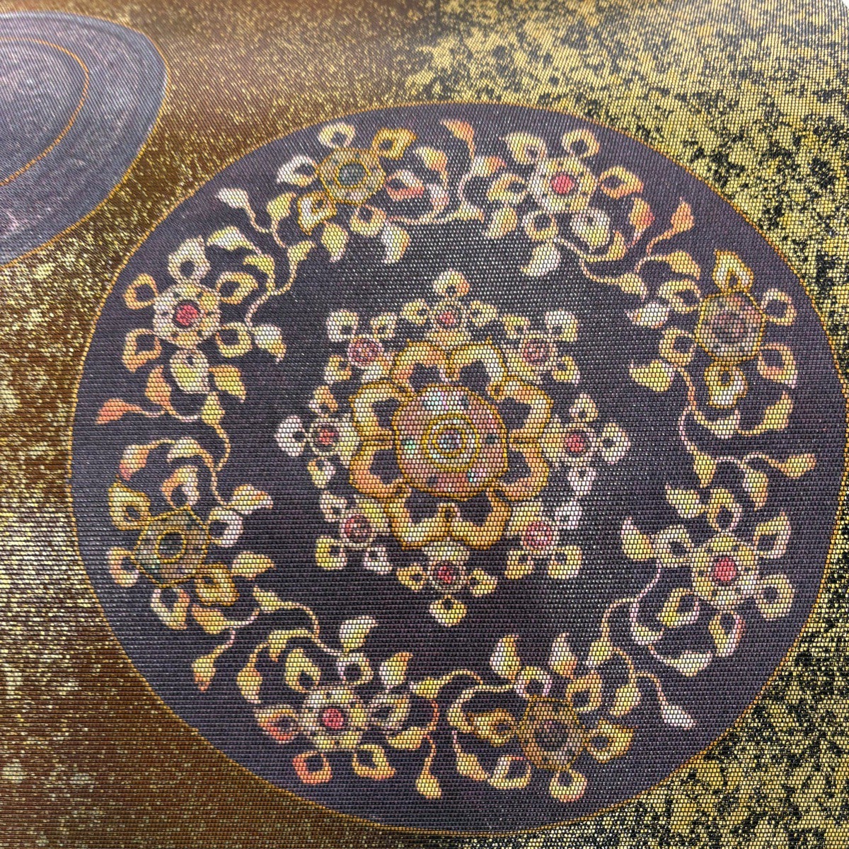 美品】 袋帯 秀品 鏡裏文 螺鈿箔 箔 金茶 お太鼓柄 正絹｜中古・古着