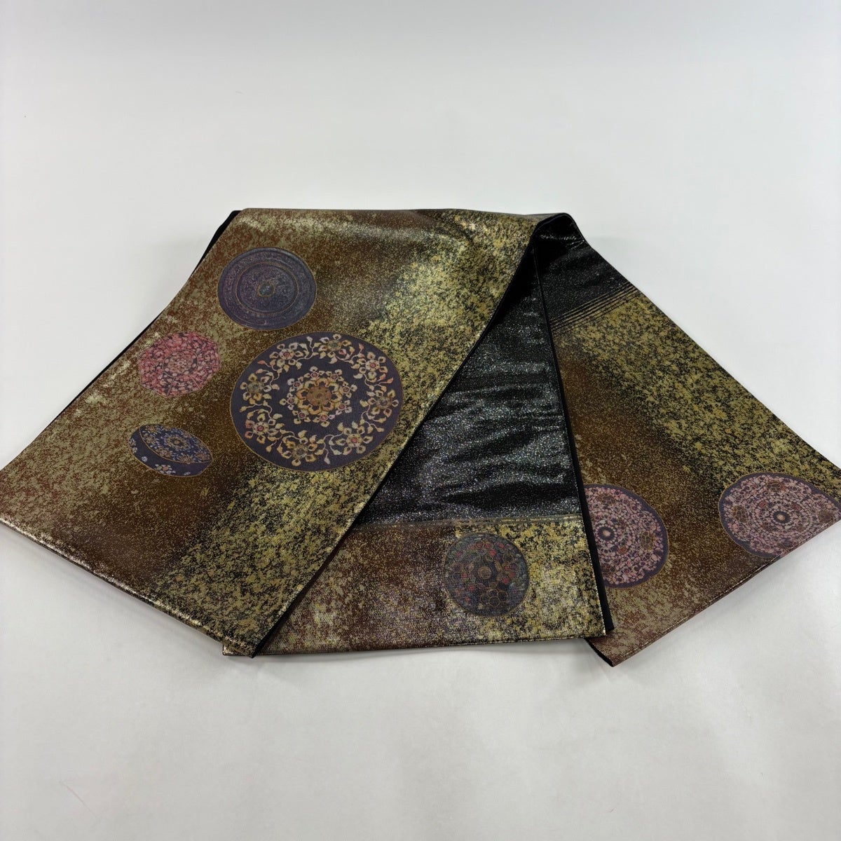 美品】 袋帯 秀品 鏡裏文 螺鈿箔 箔 金茶 お太鼓柄 正絹｜中古・古着