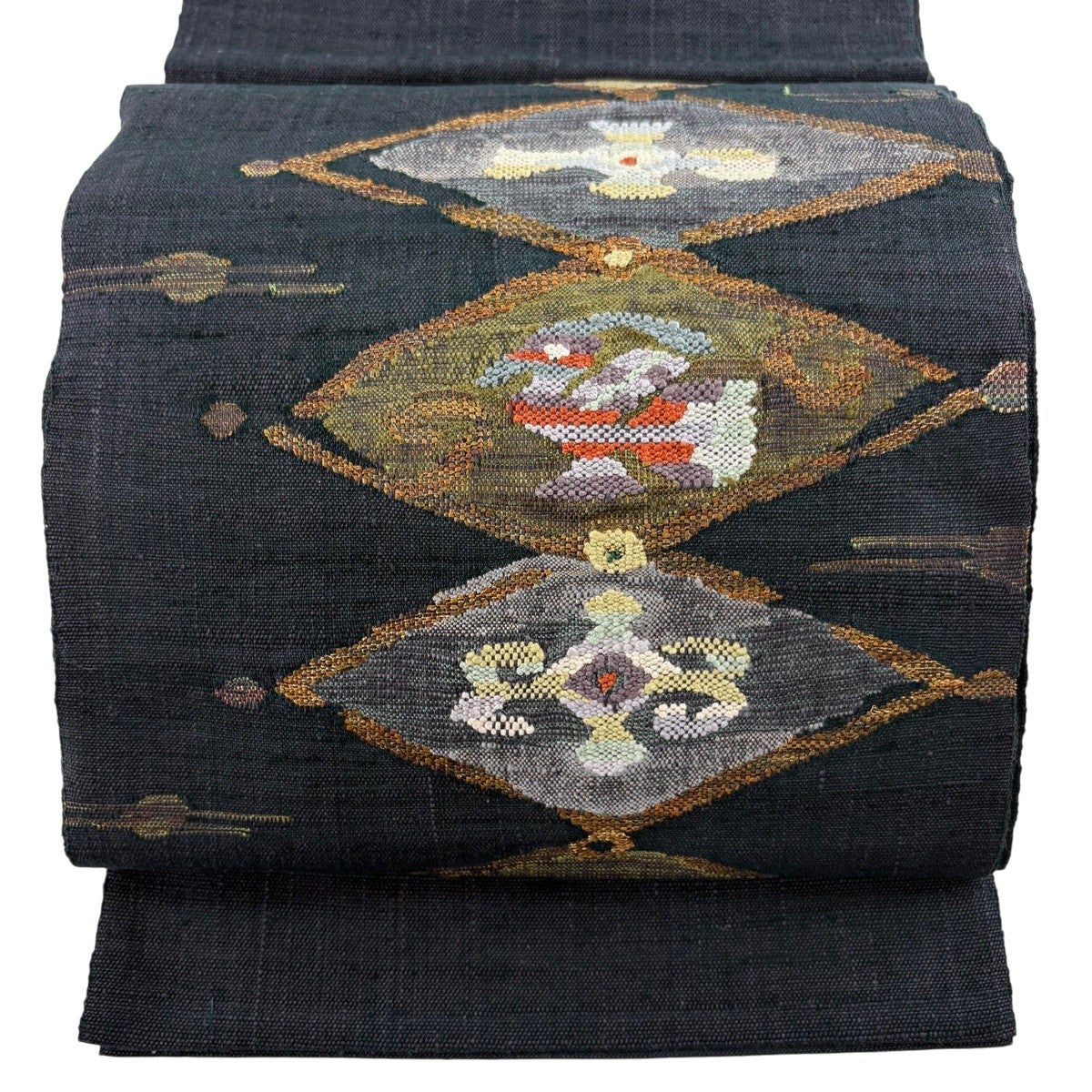 美品】 名古屋帯 秀品 八寸名古屋帯 鳥 幾何学 金糸 紺色 正絹｜中古