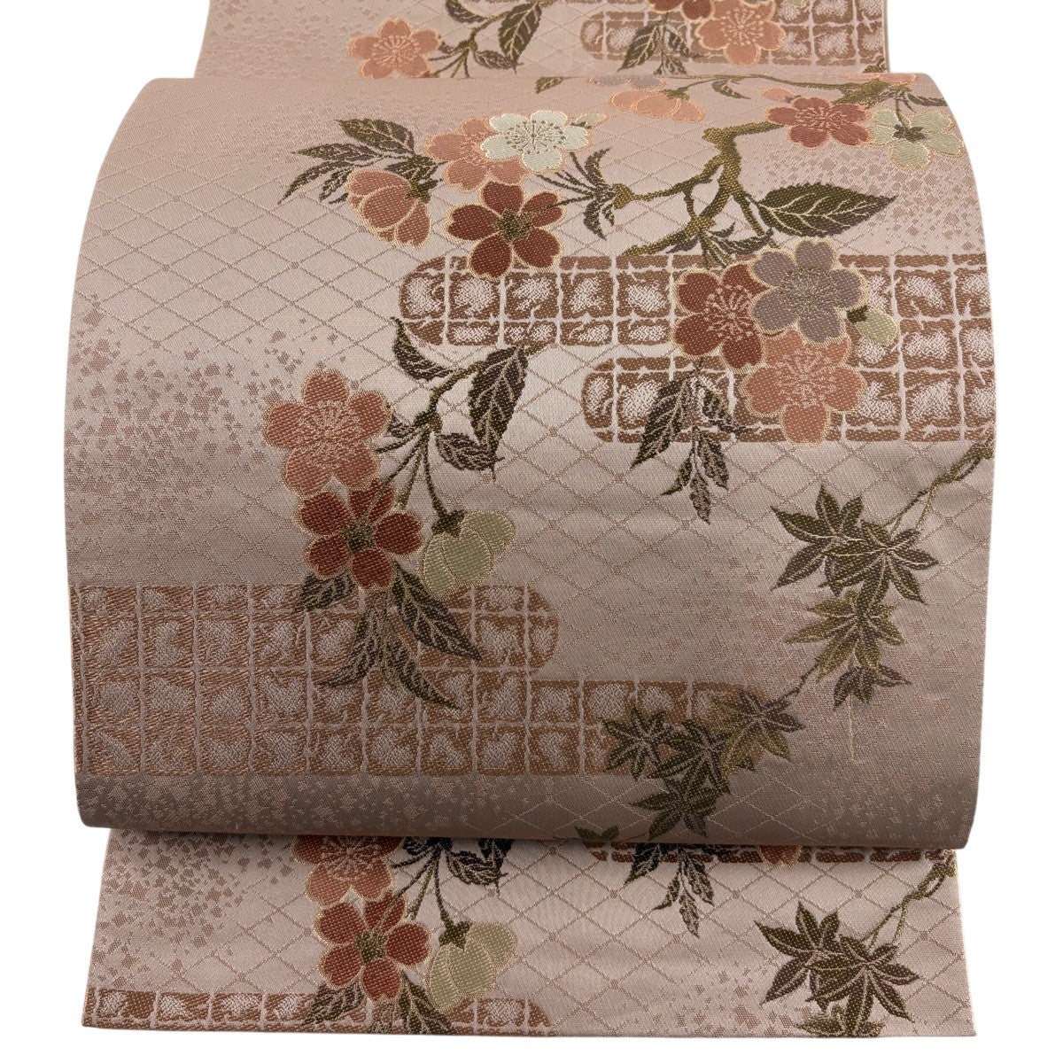 袋帯 秀品 桜楓 ヱ霞 金糸 箔 ピンクベージュ 六通 正絹｜中古・古着