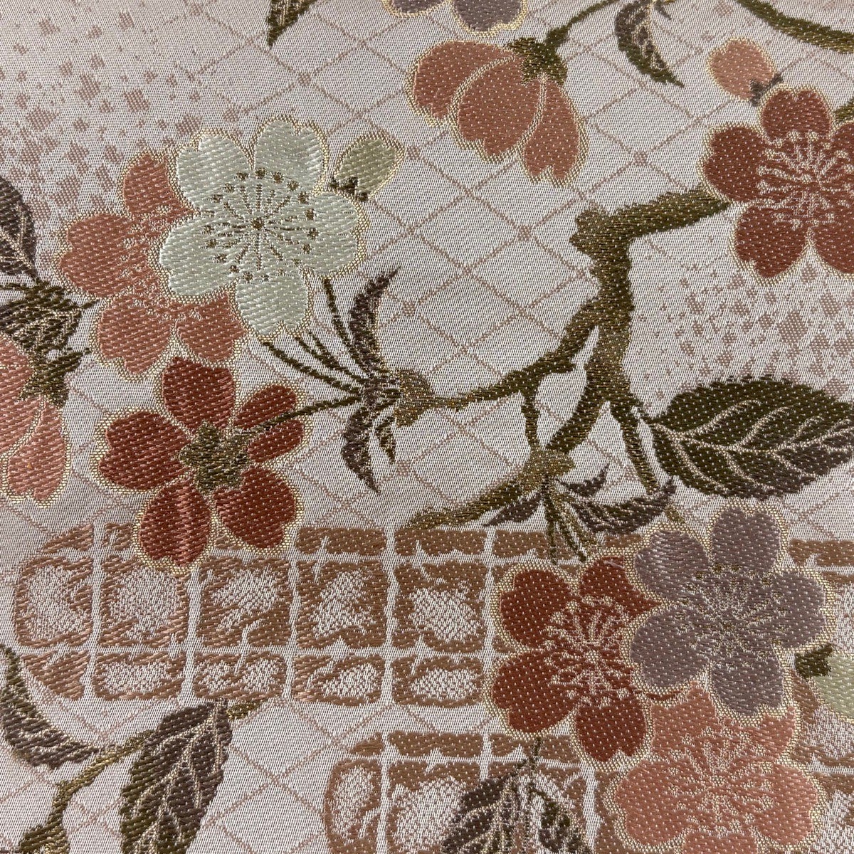 袋帯 秀品 桜楓 ヱ霞 金糸 箔 ピンクベージュ 六通 正絹｜中古・古着