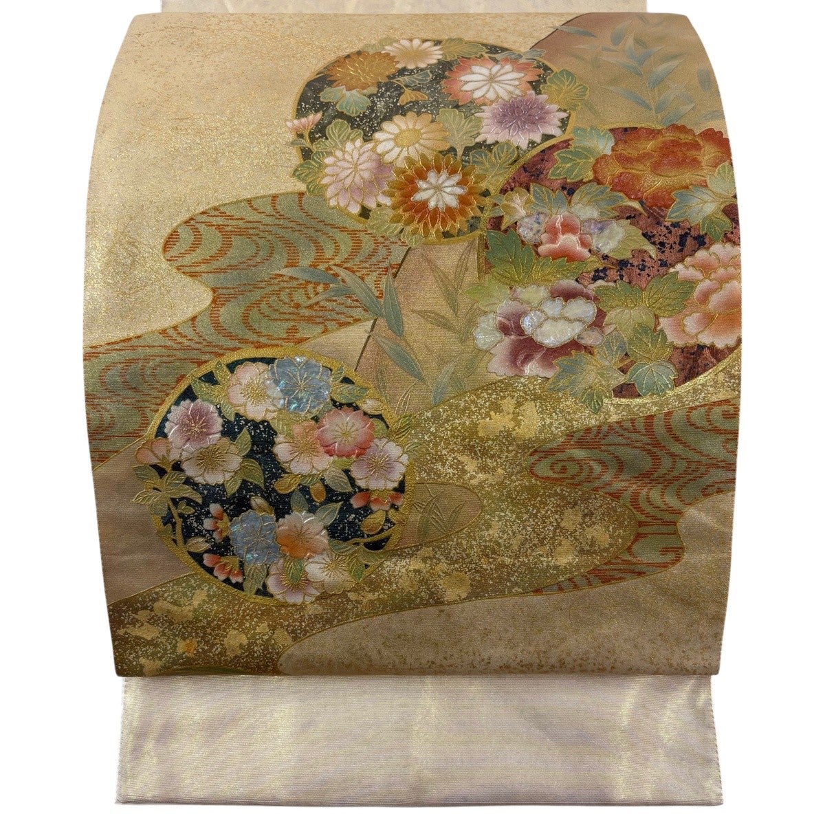袋帯 秀品 花丸文 霞 螺鈿 金彩 金色 お太鼓柄 正絹｜中古・古着