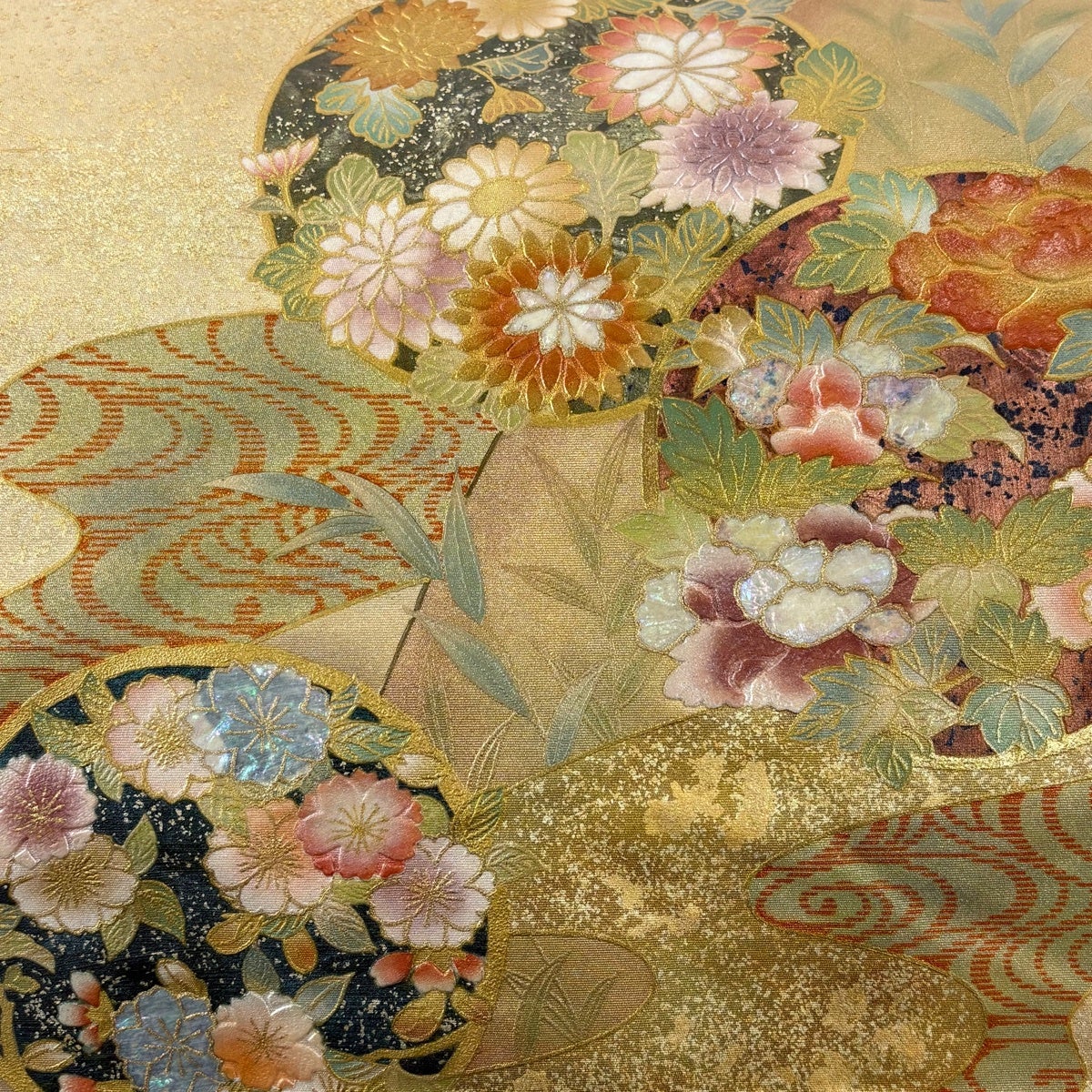 袋帯 秀品 花丸文 霞 螺鈿 金彩 金色 お太鼓柄 正絹｜中古・古着