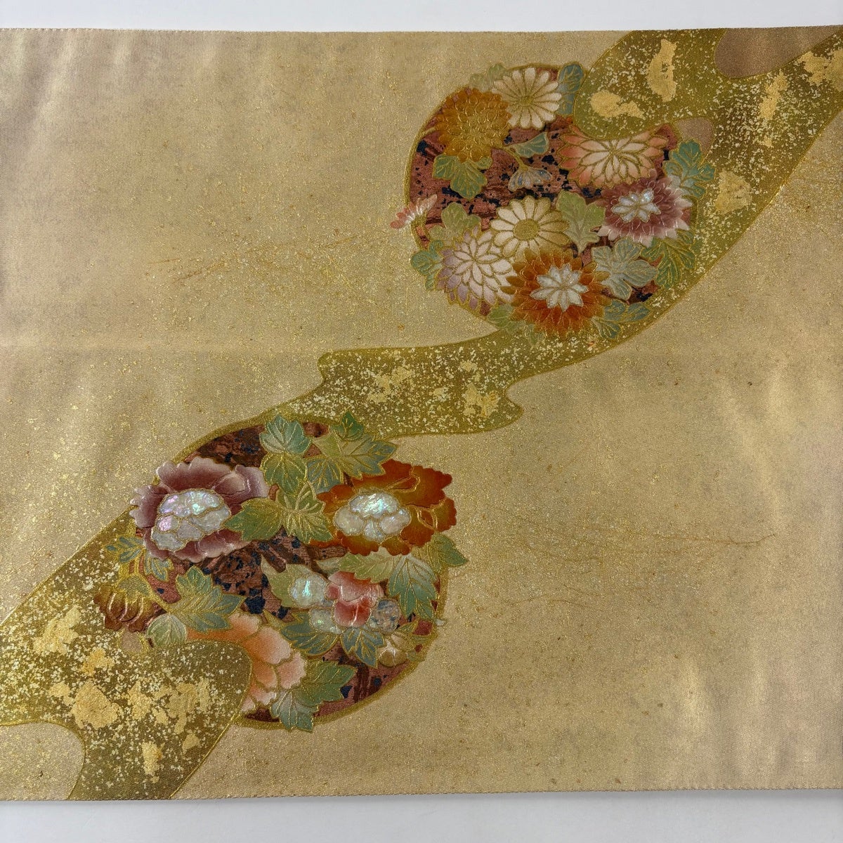 袋帯 秀品 花丸文 霞 螺鈿 金彩 金色 お太鼓柄 正絹｜中古・古着