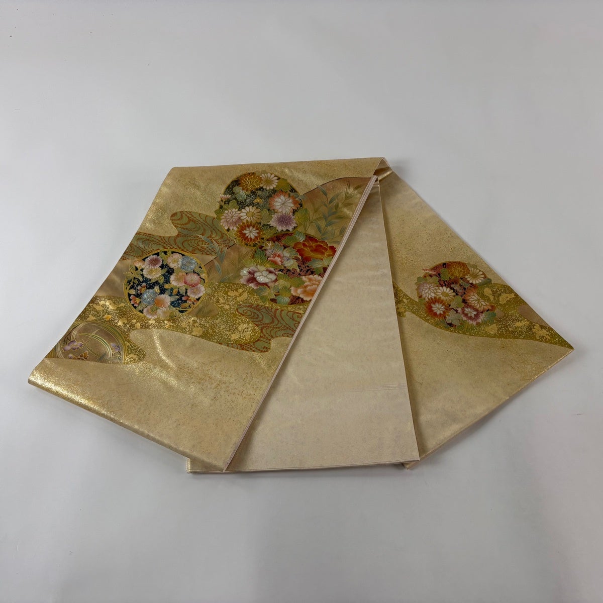 袋帯 秀品 花丸文 霞 螺鈿 金彩 金色 お太鼓柄 正絹｜中古・古着
