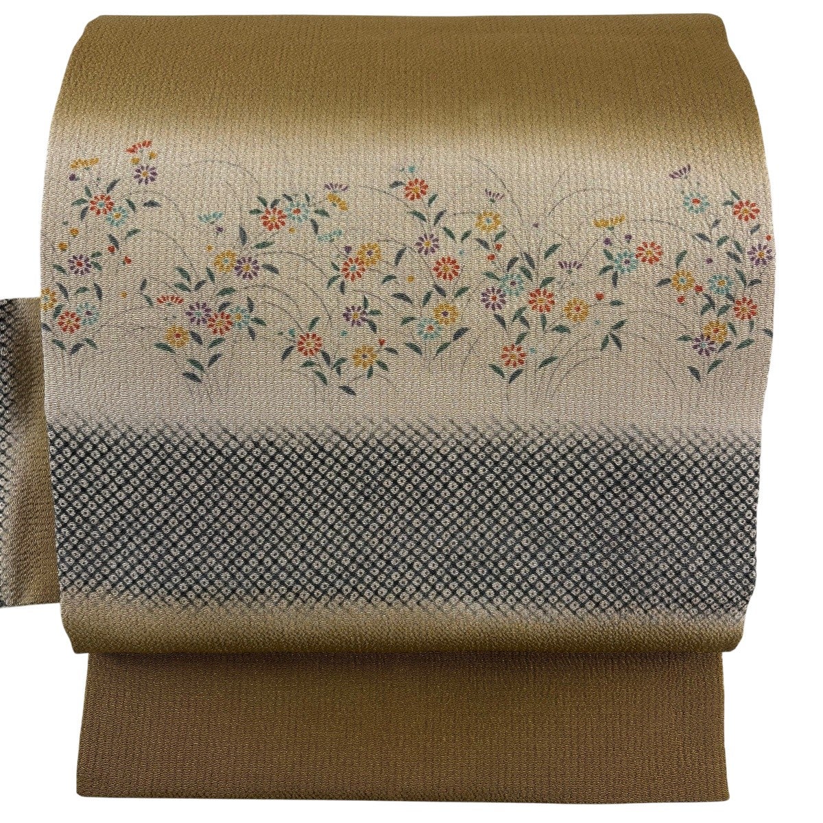 名古屋帯 秀品 草花 疋田 縮緬 ぼかし 山吹茶色 正絹｜中古・古着