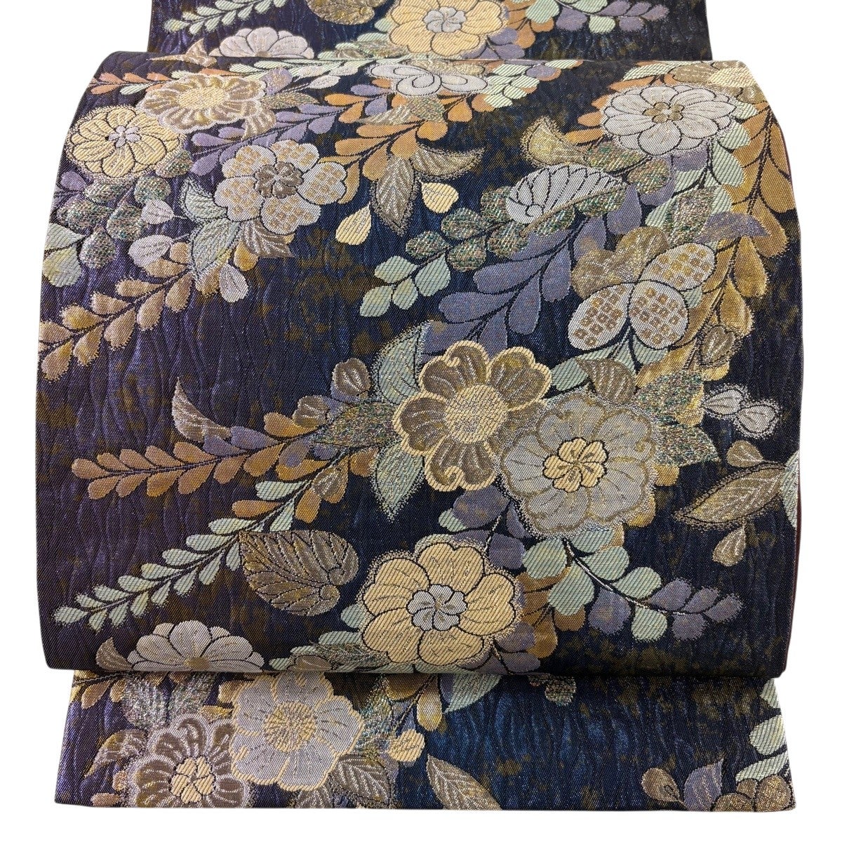 美品】 袋帯 秀品 草花 箔 金糸 紺色 六通 正絹｜中古・古着
