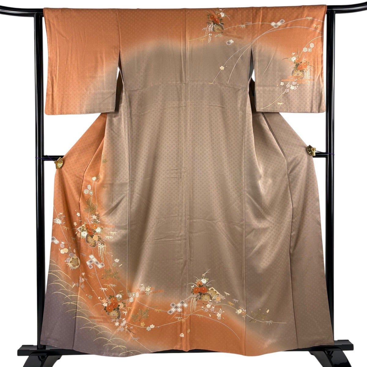美品】 訪問着 身丈170cm 裄丈66.5cm M 袷 梅 菊 金糸 金彩 青灰色