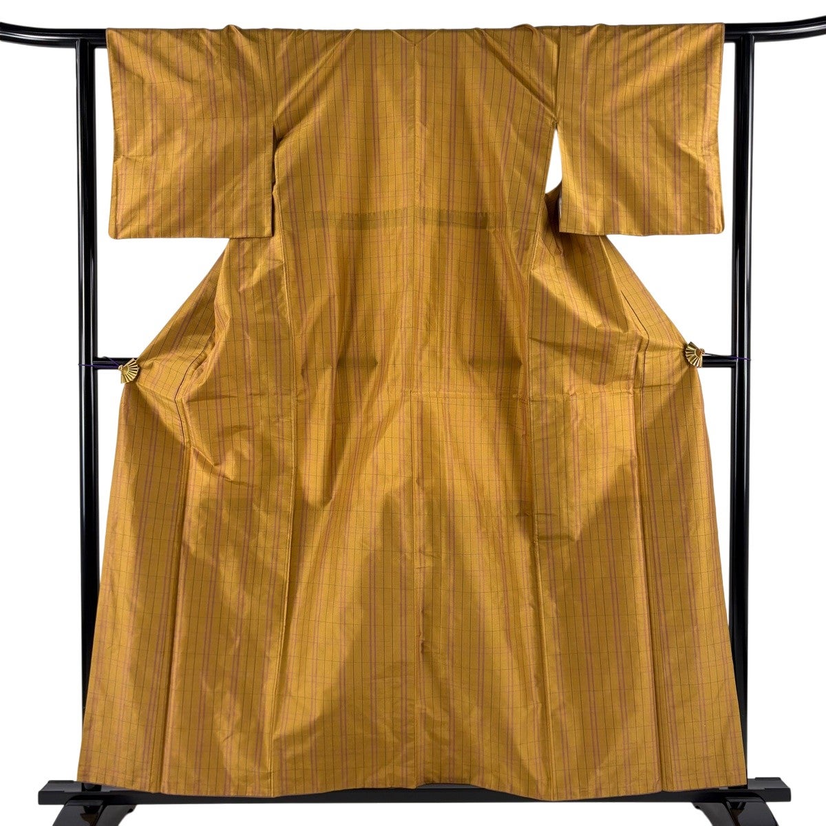 美品】 紬 身丈159cm 裄丈61cm S 袷 格子 山吹茶色 正絹 秀品|中古 美品】 紬 身丈159cm 裄丈61cm S 袷 格子 山吹茶色 正絹 秀品|中古