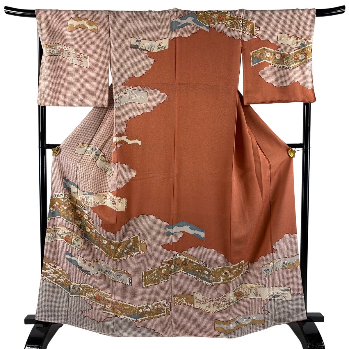 訪問着 身丈165cm 裄丈69cm L 袷 草花 屏風 金糸 金彩 朱色 正絹 秀品