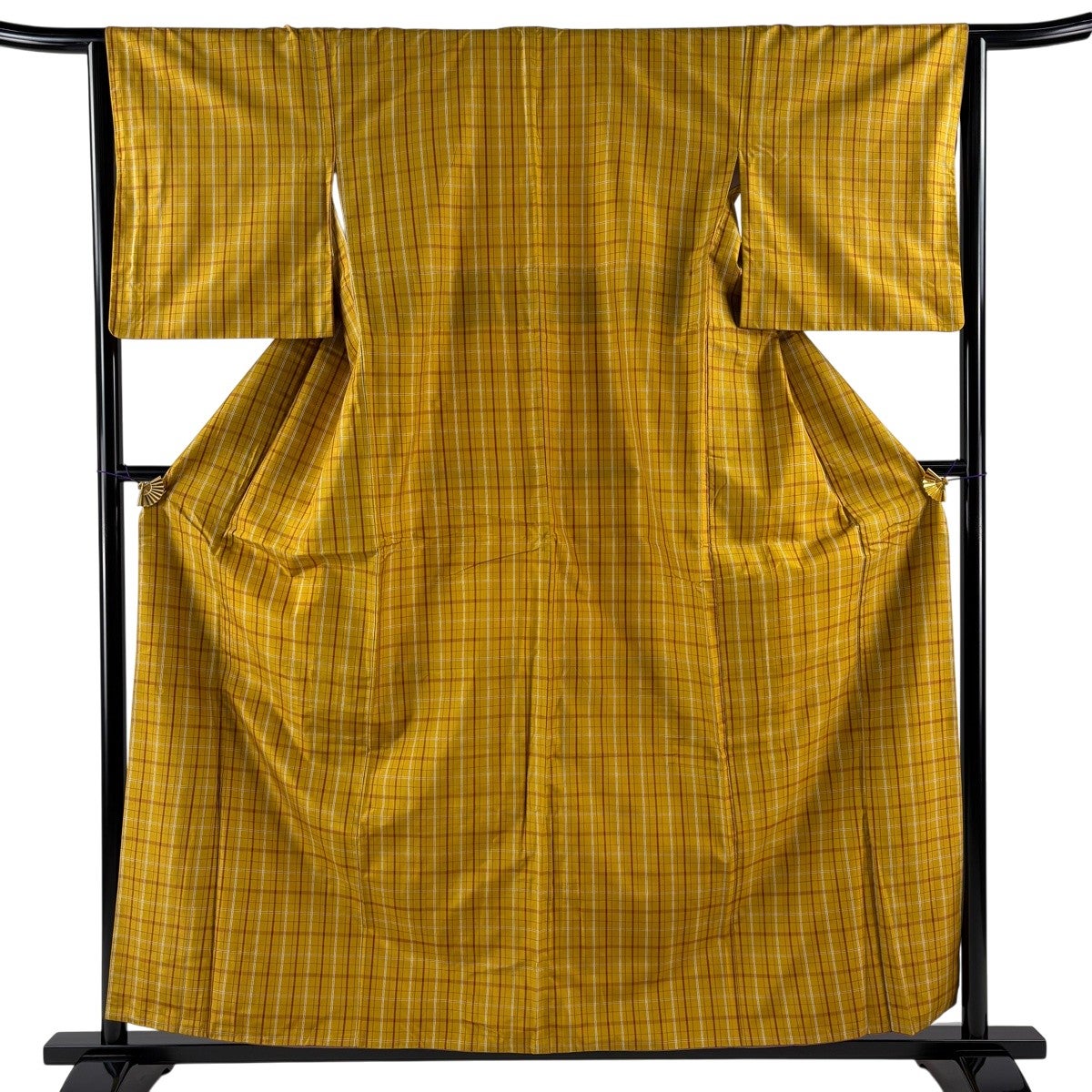 美品】 紬 身丈158.5cm 裄丈63.5cm S 袷 格子 黄土色 正絹 名品｜中古