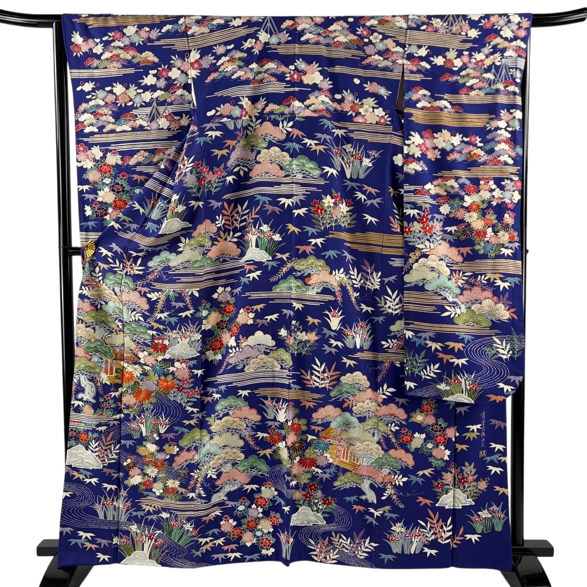 振袖 身丈163cm 裄丈66cm M 袷 落款あり 家屋 松竹梅 金糸 刺繍 青紫