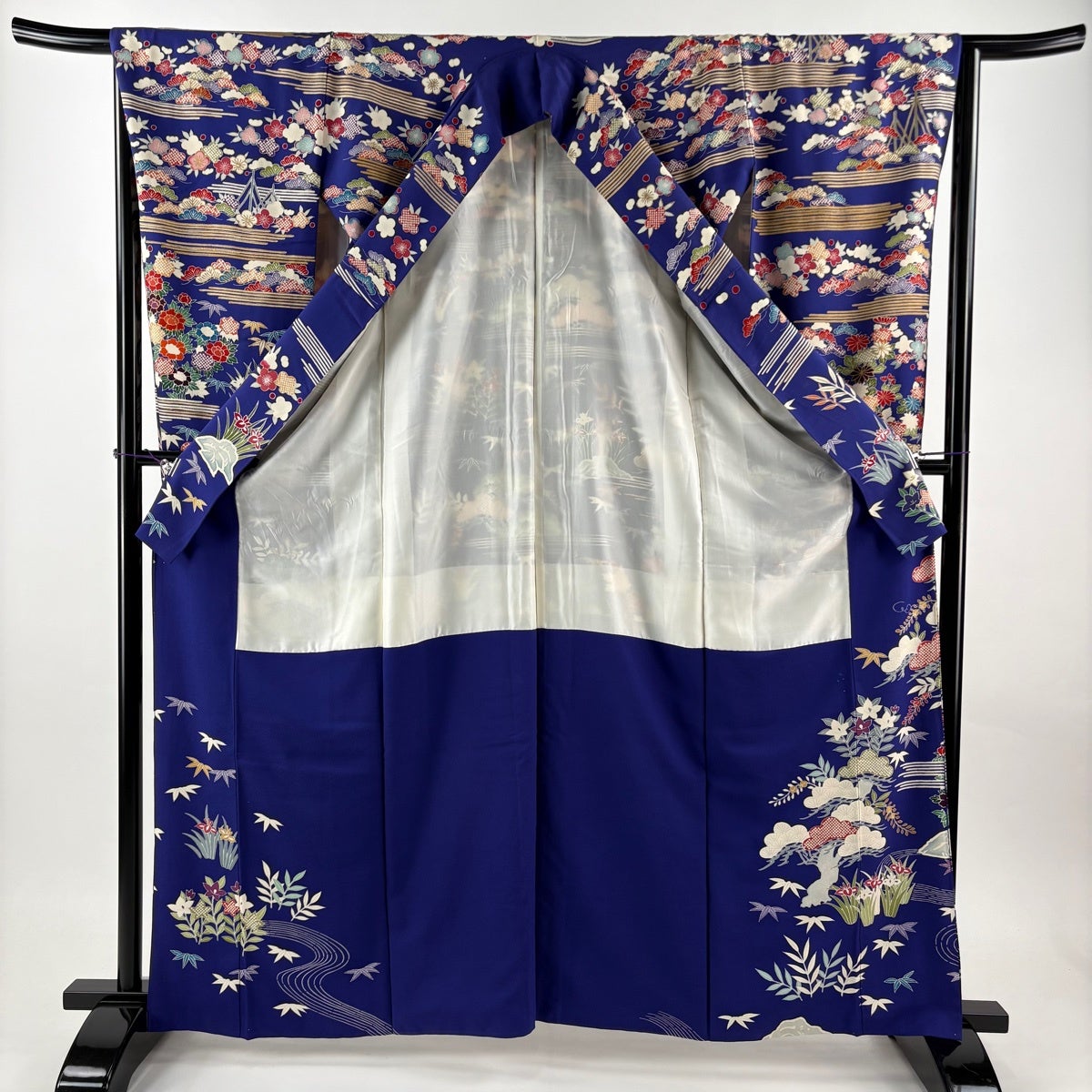 振袖 身丈163cm 裄丈66cm M 袷 落款あり 家屋 松竹梅 金糸 刺繍 青紫