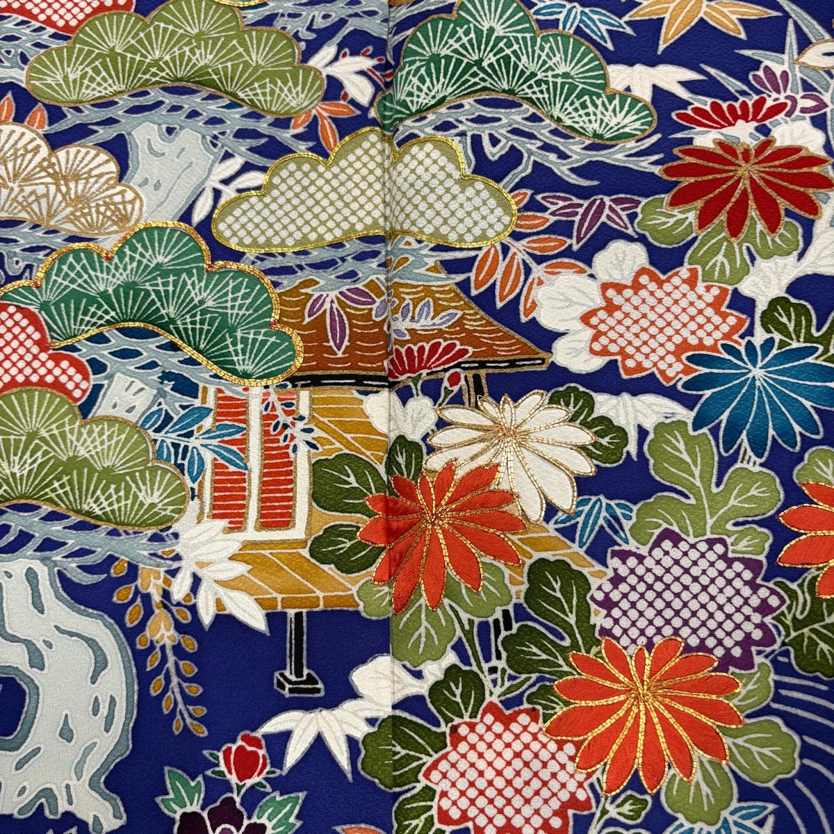 振袖 身丈163cm 裄丈66cm M 袷 落款あり 家屋 松竹梅 金糸 刺繍 青紫