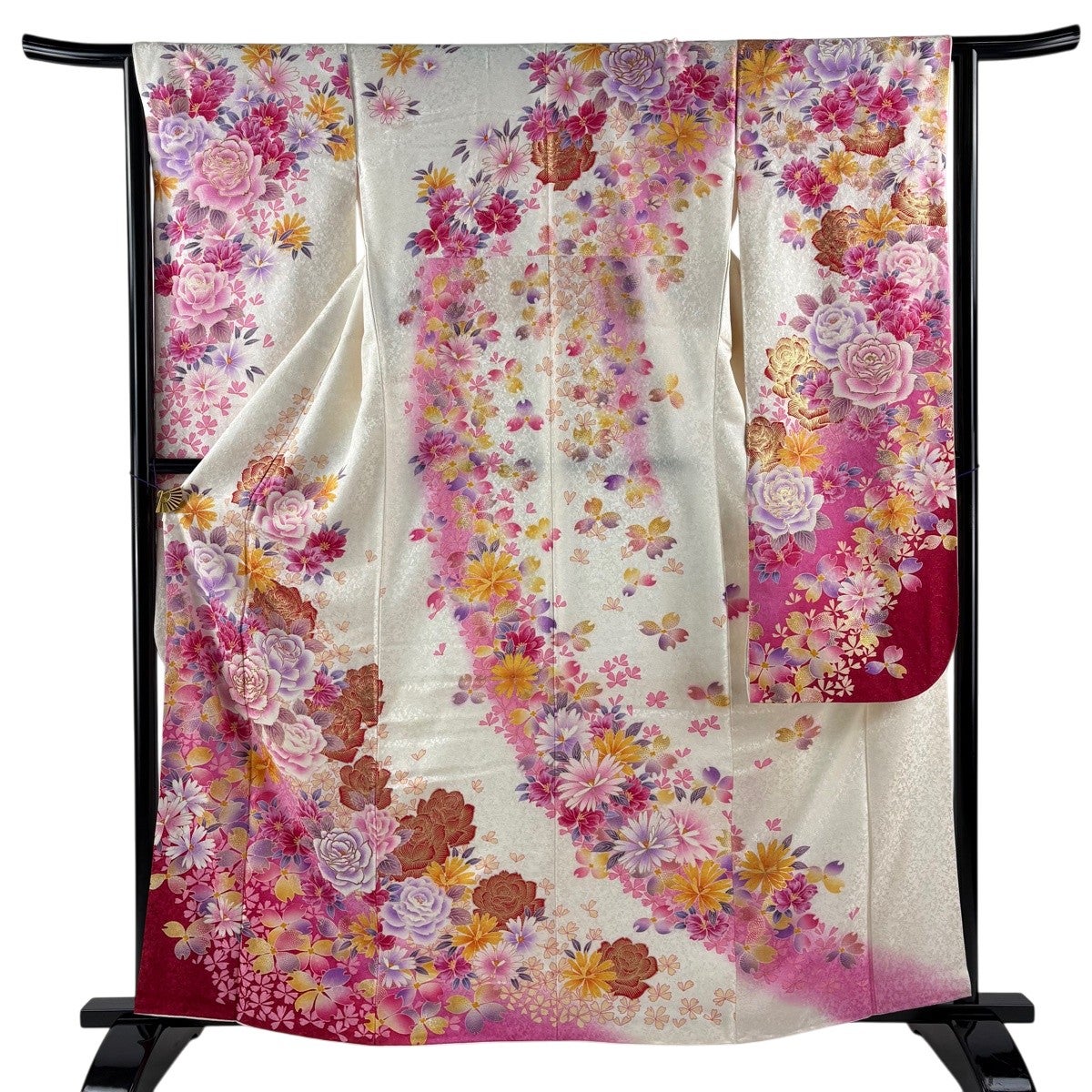 振袖 身丈161.5cm 裄丈64cm M 袷 薔薇 桜 箔 銀通し クリーム 正絹