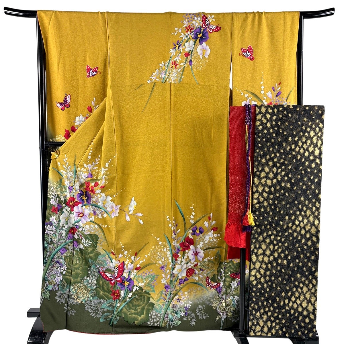 美品】 振袖 身丈166cm 裄丈65cm M 袷 袋帯フルセット 蝶 草花 金糸