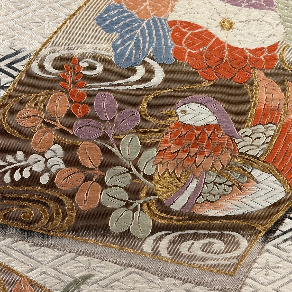 袋帯 秀品 関西仕立て 鴛鴦 草花 唐織 金糸 黒 六通 正絹｜中古・古着