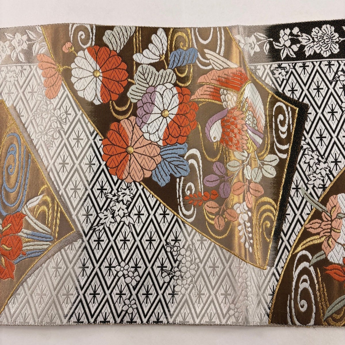 袋帯 秀品 関西仕立て 鴛鴦 草花 唐織 金糸 黒 六通 正絹｜中古・古着
