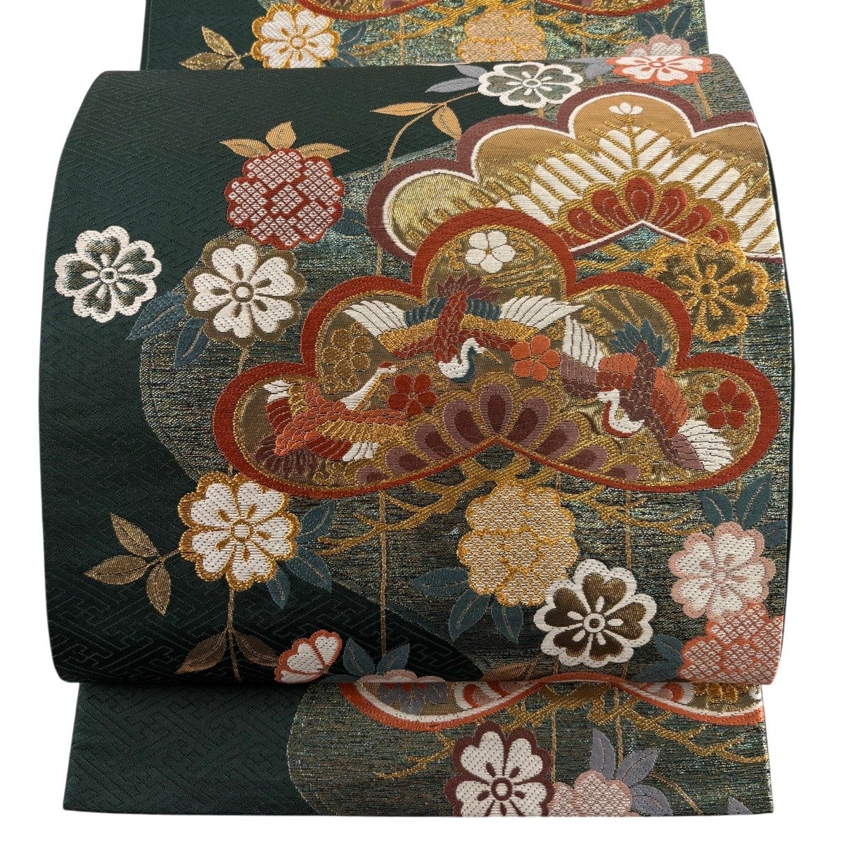 美品】 袋帯 秀品 振袖向き 笠松 桜 金糸 箔 深緑 六通 正絹｜中古