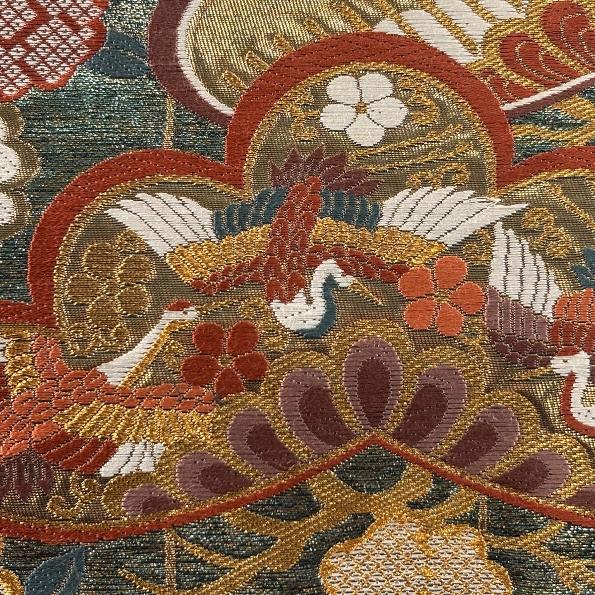 美品】 袋帯 秀品 振袖向き 笠松 桜 金糸 箔 深緑 六通 正絹｜中古