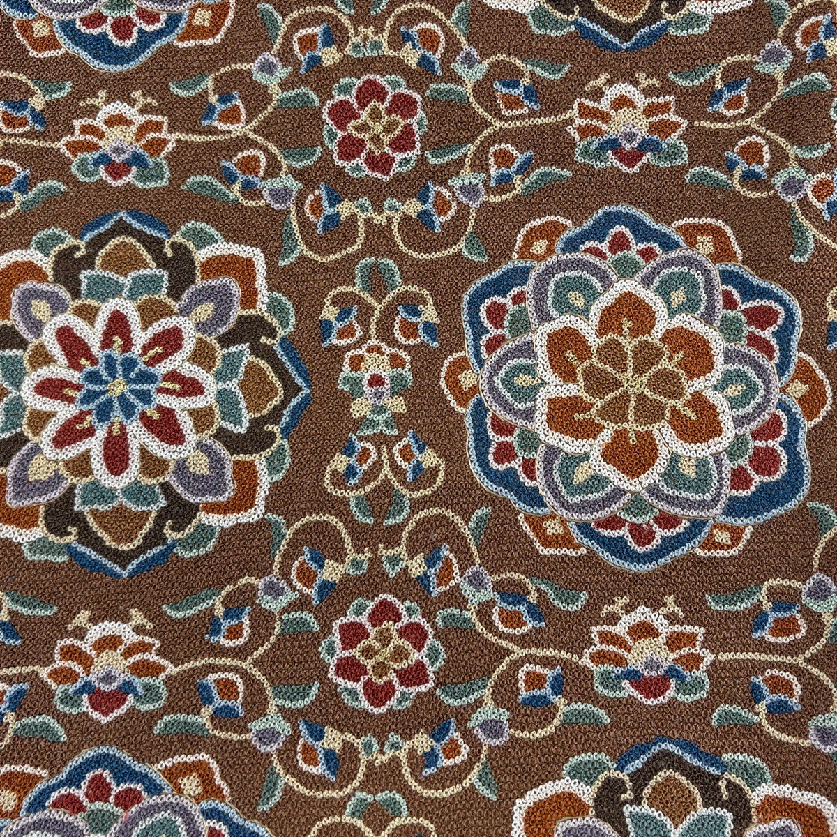 美品】 袋帯 逸品 華文 草花 相良刺繍 金糸 茶色 六通 正絹｜中古