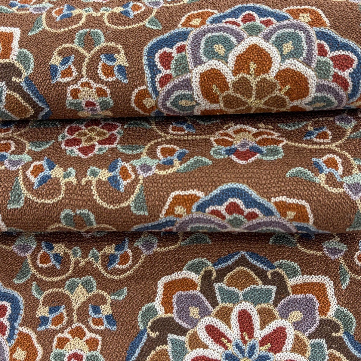 美品】 袋帯 逸品 華文 草花 相良刺繍 金糸 茶色 六通 正絹｜中古