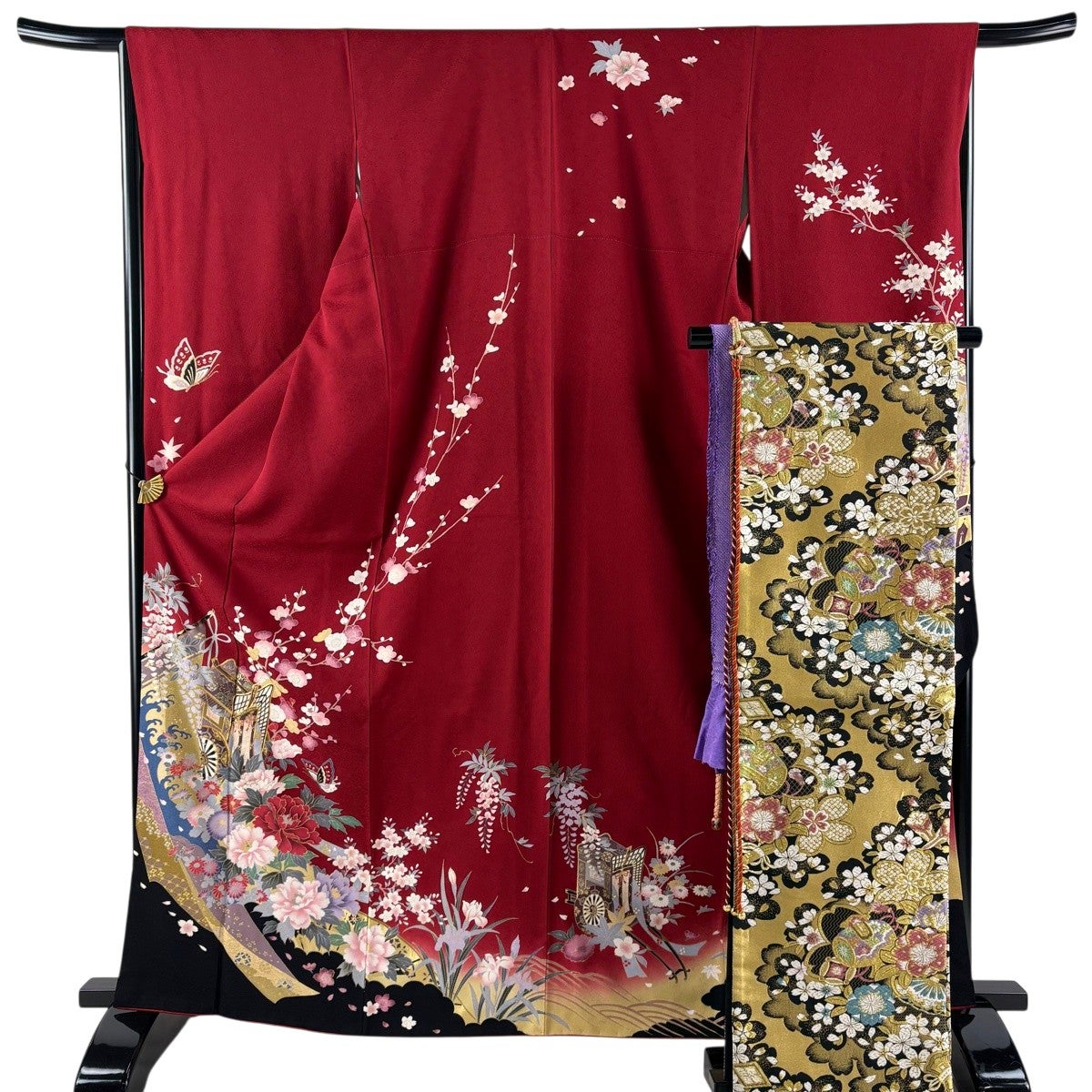 振袖 身丈164.5cm 裄丈66cm M 袷 袋帯フルセット 御所車 牡丹 金糸