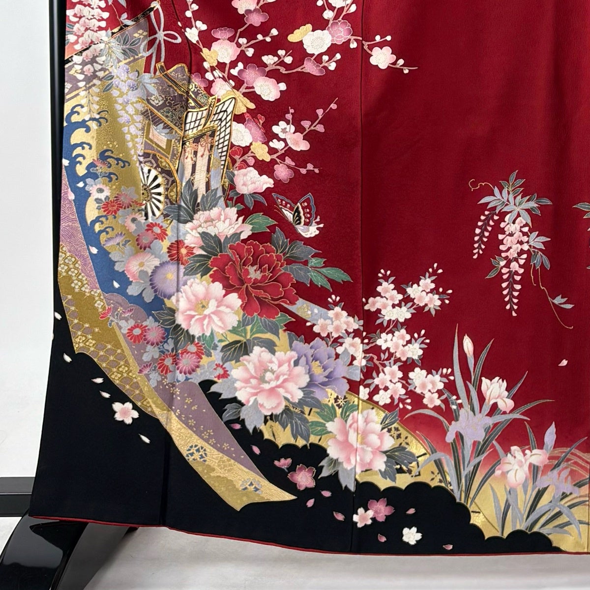 振袖 身丈164.5cm 裄丈66cm M 袷 袋帯フルセット 御所車 牡丹 金糸