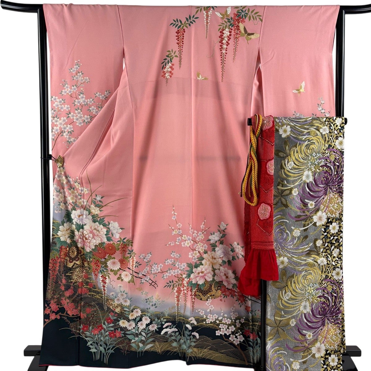 振袖 身丈163cm 裄丈63.5cm S 袷 袋帯フルセット 花車 牡丹 金糸 金彩
