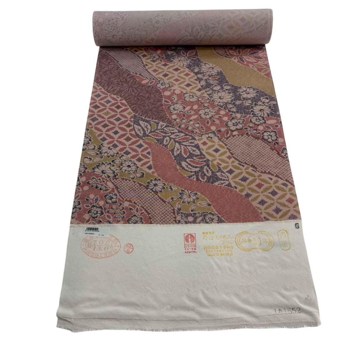 反物 秀品 小紋 草花 道長取り 縮緬 ピンク 正絹｜中古・古着