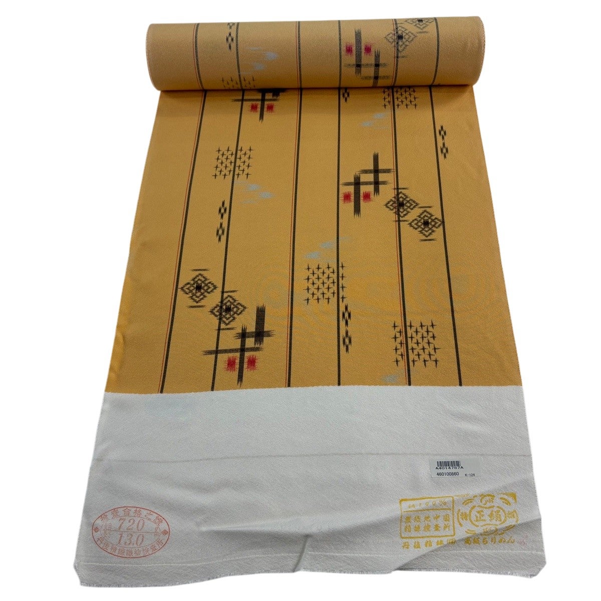 美品 明治から大正時代！反物（タンモノ） 呉服 織り模様布製ラベル タグ 65枚 反物 秀品 小紋 縞 十字 縮緬 薄オレンジ 正絹｜中古・古着
