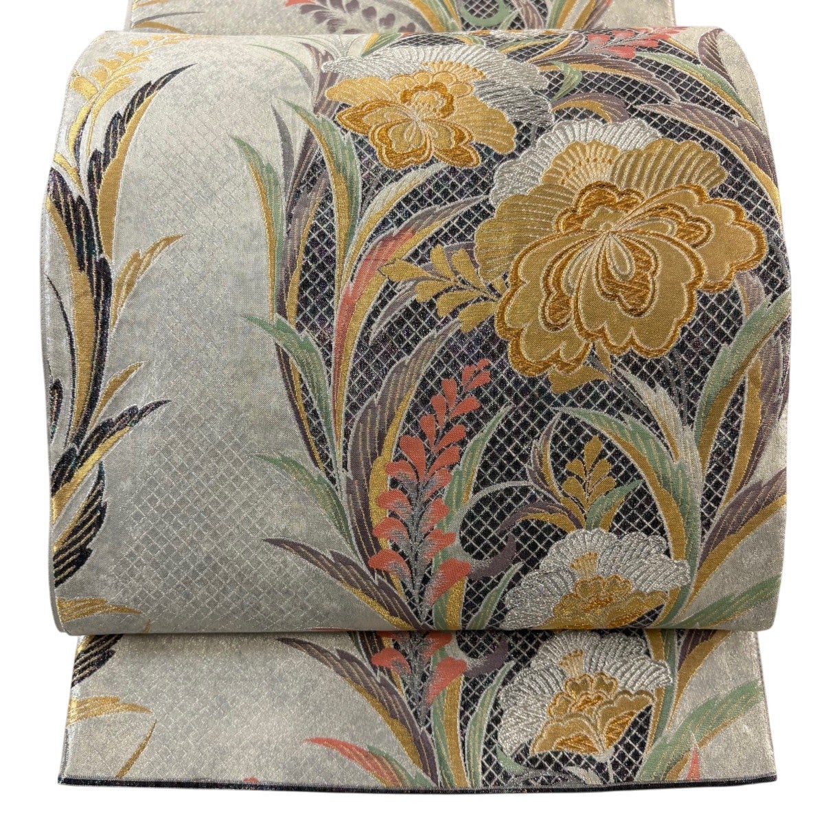 30%OFF 【美品】 袋帯 秀品 振袖向き 辻が花柄 扇 金銀糸 箔 黒灰 六通